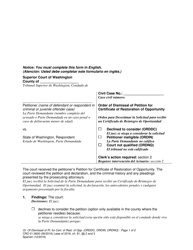 Form CRO01.0600 Order of Dismissal of Petition for Certificate of Restoration of Opportunity - Washington (English/Spanish)