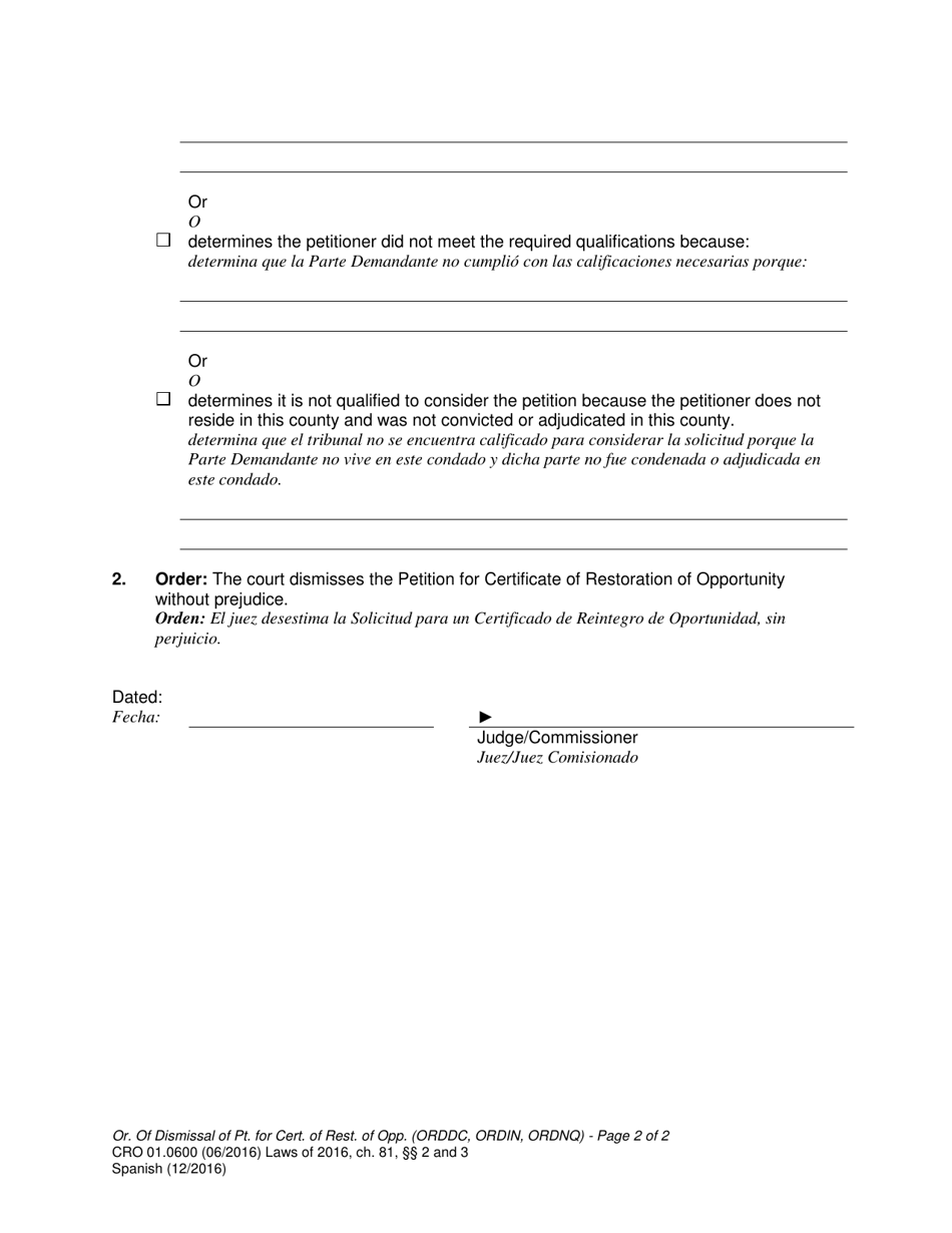 Form CRO01.0600 Order of Dismissal of Petition for Certificate of Restoration of Opportunity - Washington (English / Spanish), Page 2