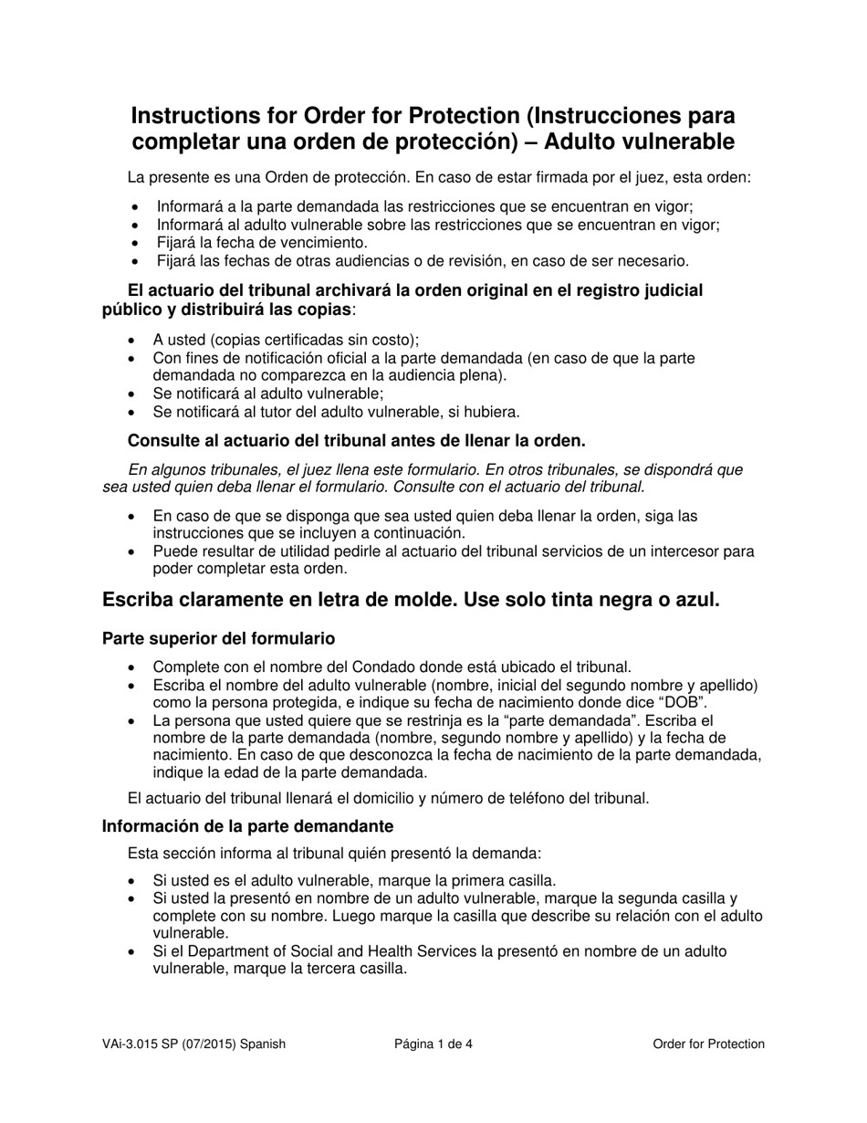 Instrucciones para Formulario WPF VA-3.015 Order for Protection - Vulnerable Adult - Washington (Spanish), Page 1