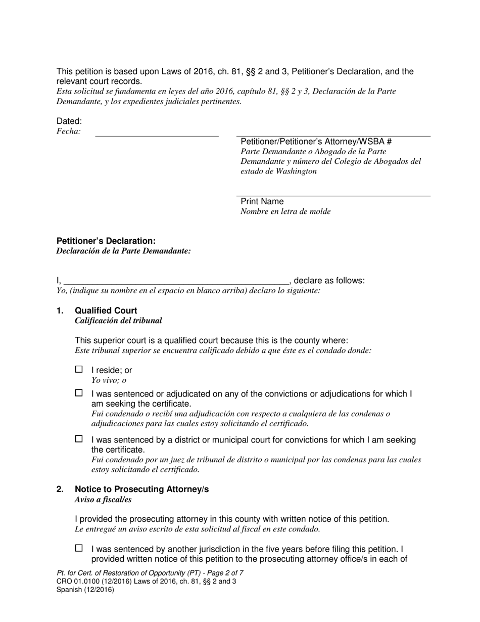 Form CRO01.0100 Petition for Certificate of Restoration of Opportunity - Washington (English / Spanish), Page 2