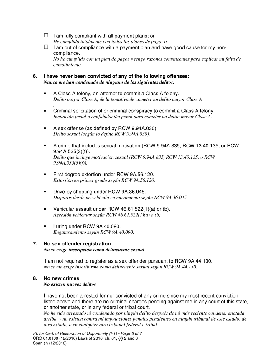 Form CRO01.0100 Petition for Certificate of Restoration of Opportunity - Washington (English / Spanish), Page 6