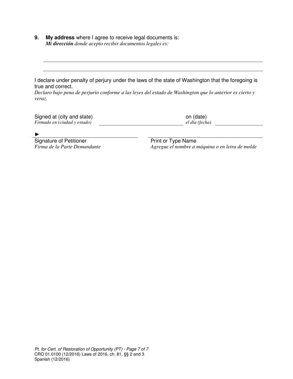 Form CRO01.0100 Petition for Certificate of Restoration of Opportunity - Washington (English / Spanish), Page 7