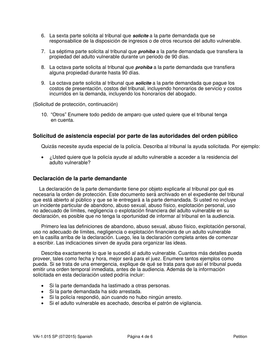Instrucciones para Formulario WPF VA-1.015 Petition for Vulnerable Adult Order for Protection - Washington (Spanish), Page 4