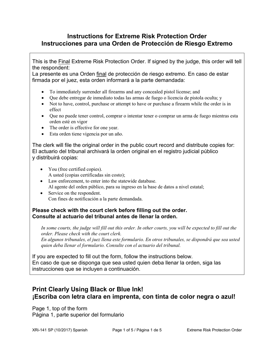 Instructions for Form XR141 Extreme Risk Protection Order - Washington (English / Spanish), Page 1