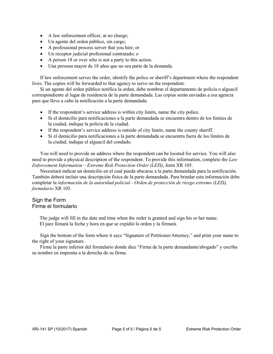 Instructions for Form XR141 Extreme Risk Protection Order - Washington (English / Spanish), Page 5