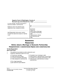 Document preview: Form FL Divorce200 Summons: Notice About a Marriage or Domestic Partnership - Washington (English/Russian)