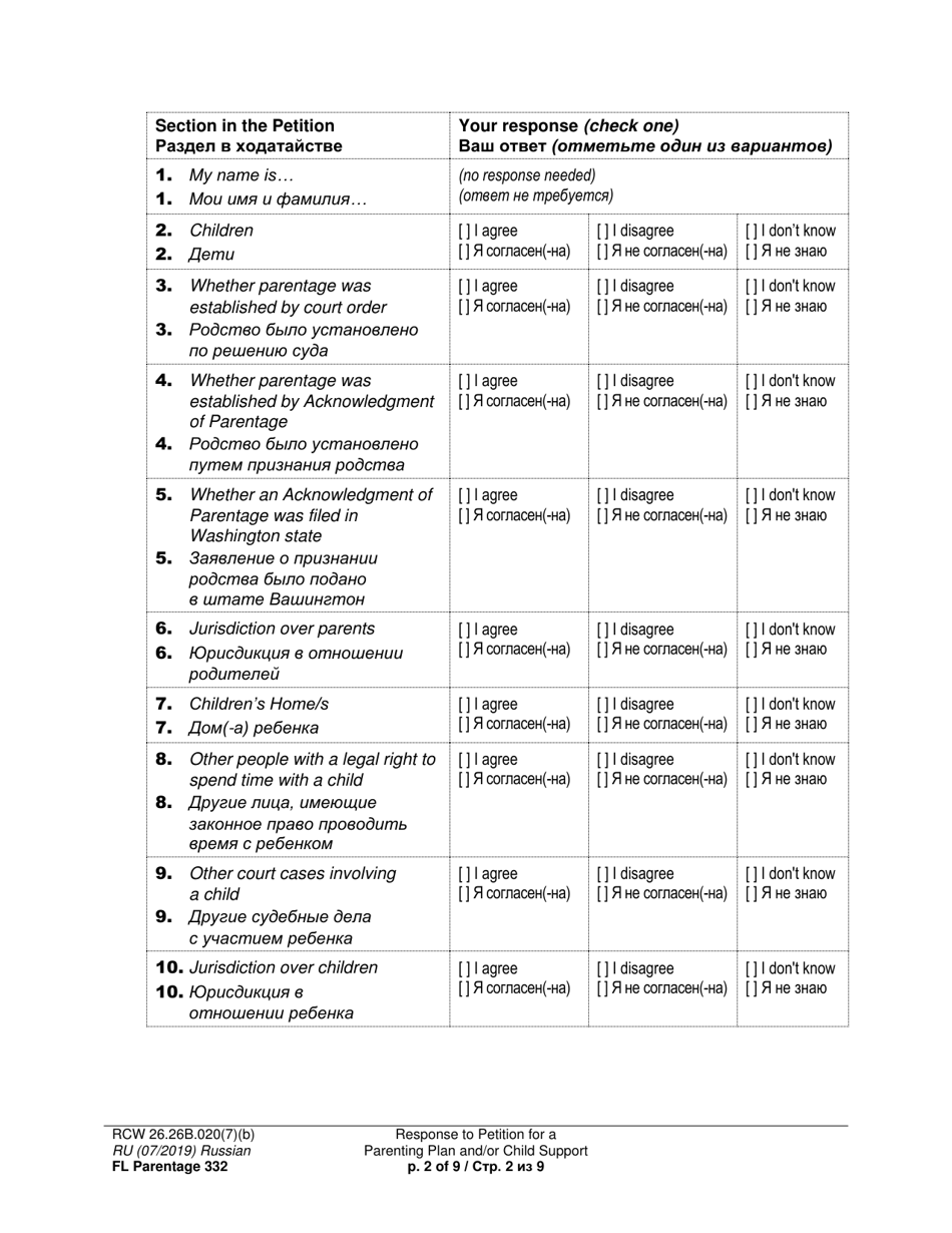 Form FL Parentage332 Response to Petition for a Parenting Plan, Residential Schedule and / or Child Support - Washington (English / Russian), Page 2