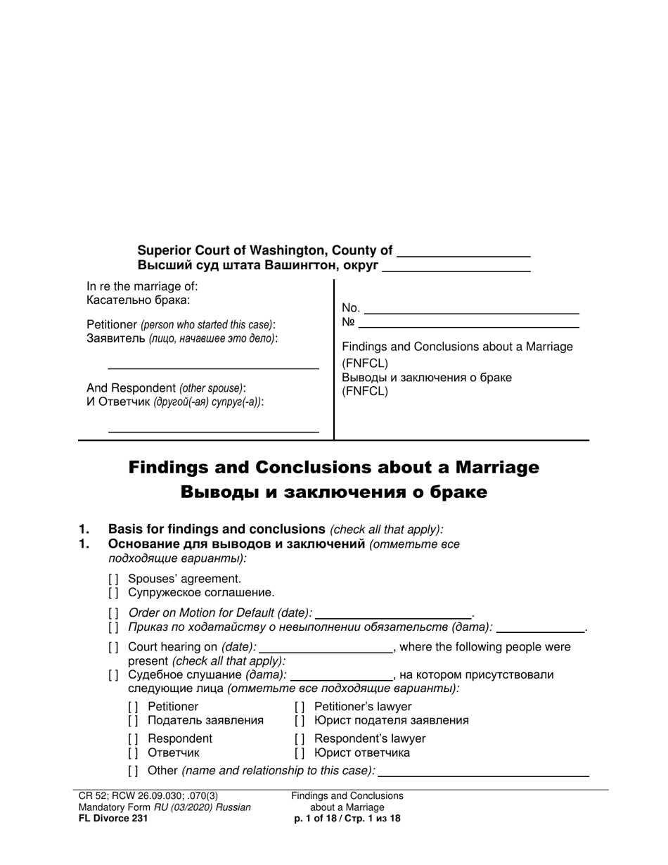 Form FL Divorce231 Findings and Conclusions About a Marriage - Washington (English / Russian), Page 1