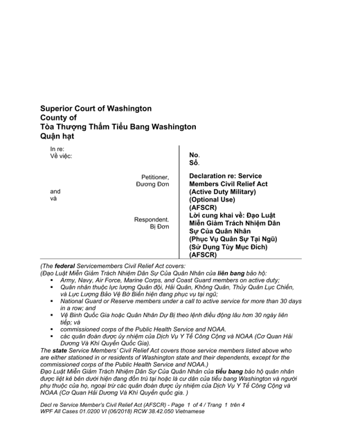 Form WPF All Cases01.0200 Declaration Re: Service Members Civil Relief Act (Active Duty Military) (Optional Use) - Washington (English/Vietnamese)