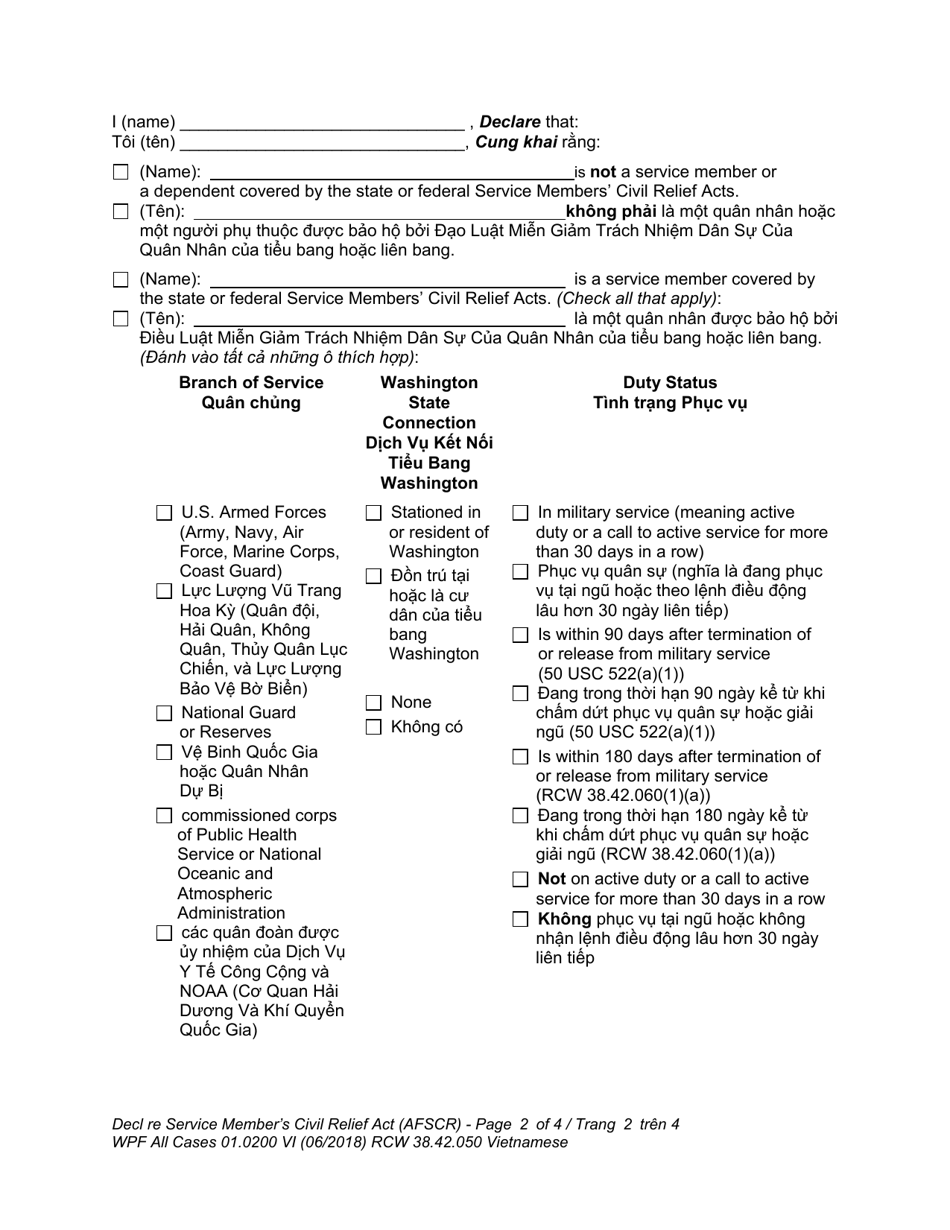 Form WPF All Cases01.0200 Declaration Re: Service Members Civil Relief Act (Active Duty Military) (Optional Use) - Washington (English / Vietnamese), Page 2