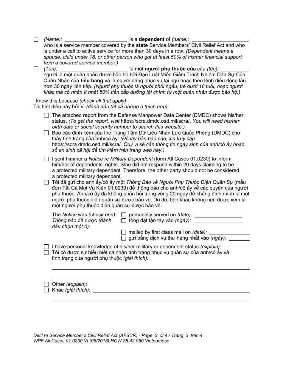 Form WPF All Cases01.0200 Declaration Re: Service Members Civil Relief Act (Active Duty Military) (Optional Use) - Washington (English / Vietnamese), Page 3