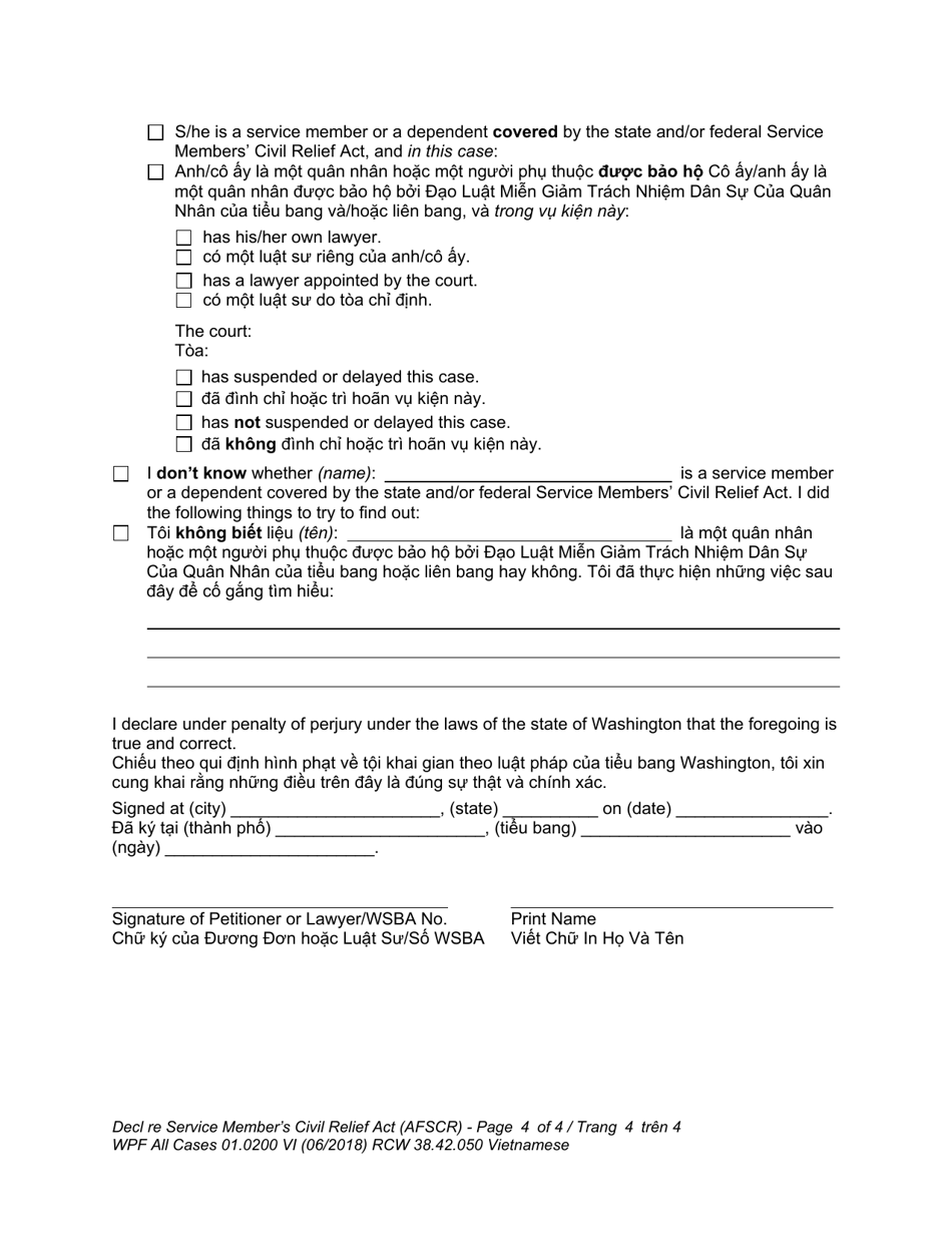 Form WPF All Cases01.0200 Declaration Re: Service Members Civil Relief Act (Active Duty Military) (Optional Use) - Washington (English / Vietnamese), Page 4
