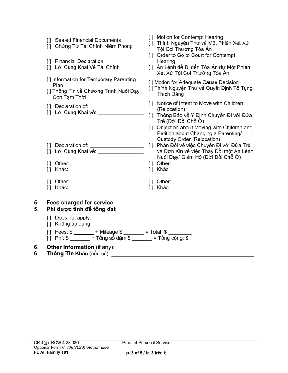 Form FL All Family101 Proof of Personal Service - Washington (English / Vietnamese), Page 3