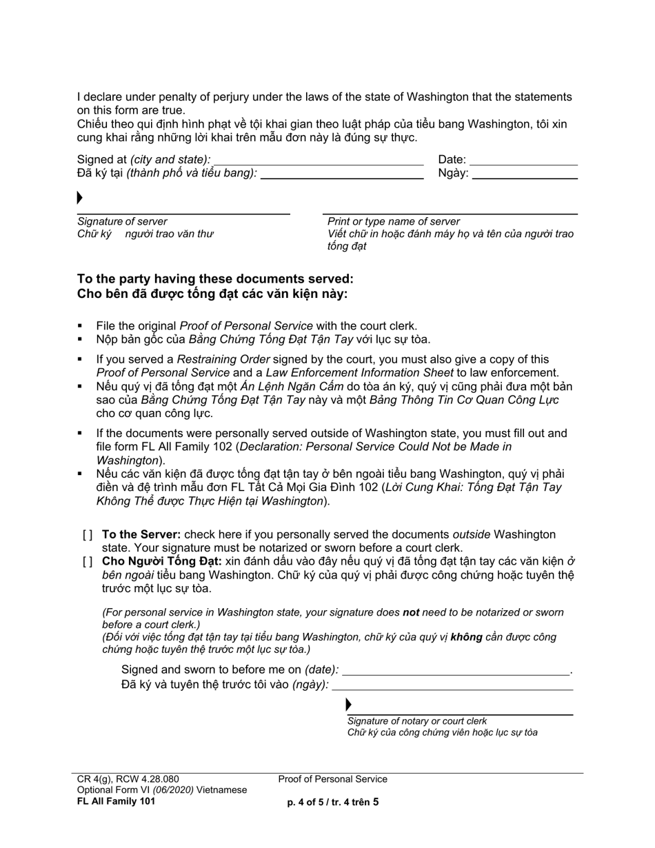Form FL All Family101 Proof of Personal Service - Washington (English / Vietnamese), Page 4