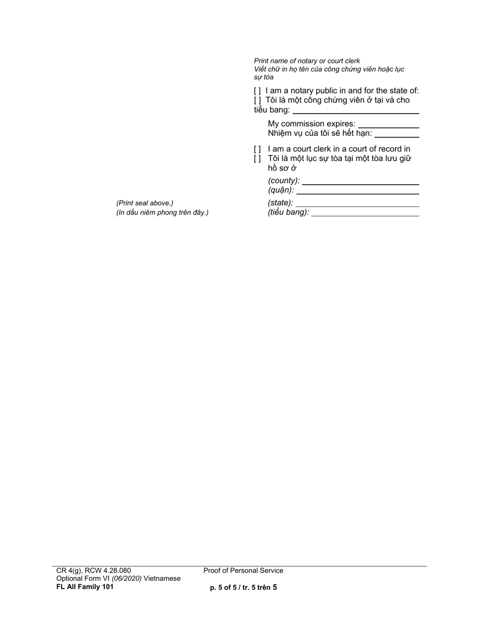 Form FL All Family101 Proof of Personal Service - Washington (English / Vietnamese), Page 5
