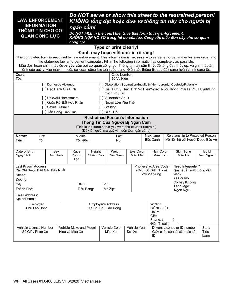 Form WPF All Cases01.0400 Law Enforcement Information Sheet (Leis) - Washington (English / Vietnamese), Page 1