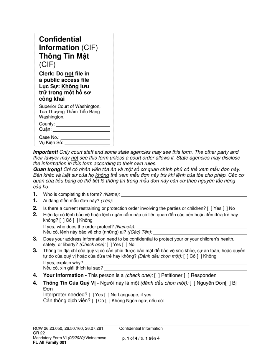 Form FL All Family001 Confidential Information (Cif) - Washington (English / Vietnamese), Page 1