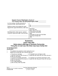 Document preview: Form FL Divorce200 Summons: Notice About a Marriage or Domestic Partnership - Washington (English/Vietnamese)