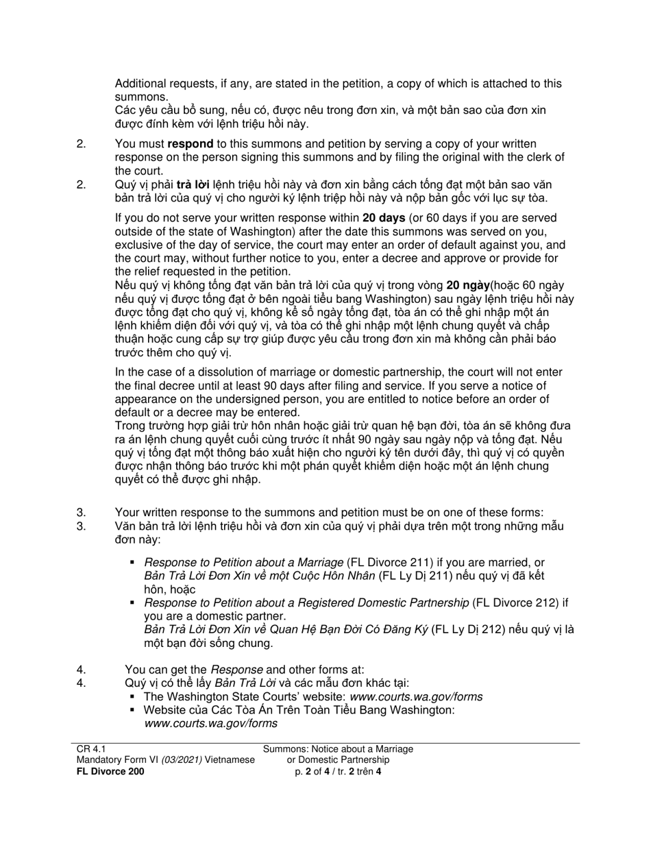 Form FL Divorce200 Summons: Notice About a Marriage or Domestic Partnership - Washington (English / Vietnamese), Page 2
