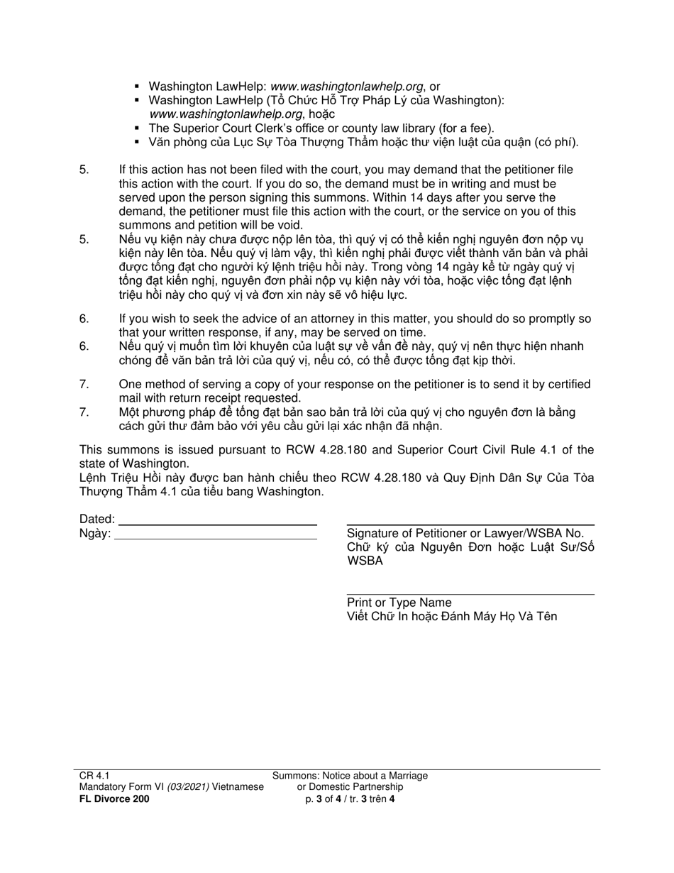 Form FL Divorce200 Summons: Notice About a Marriage or Domestic Partnership - Washington (English / Vietnamese), Page 3