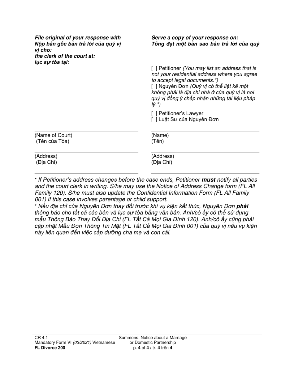 Form FL Divorce200 Summons: Notice About a Marriage or Domestic Partnership - Washington (English / Vietnamese), Page 4