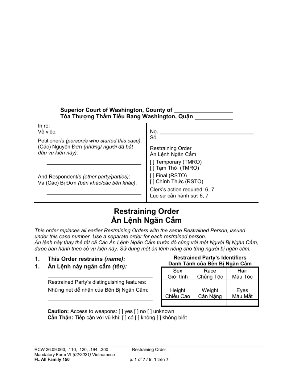 Form FL All Family150 Restraining Order - Washington (English / Vietnamese), Page 1