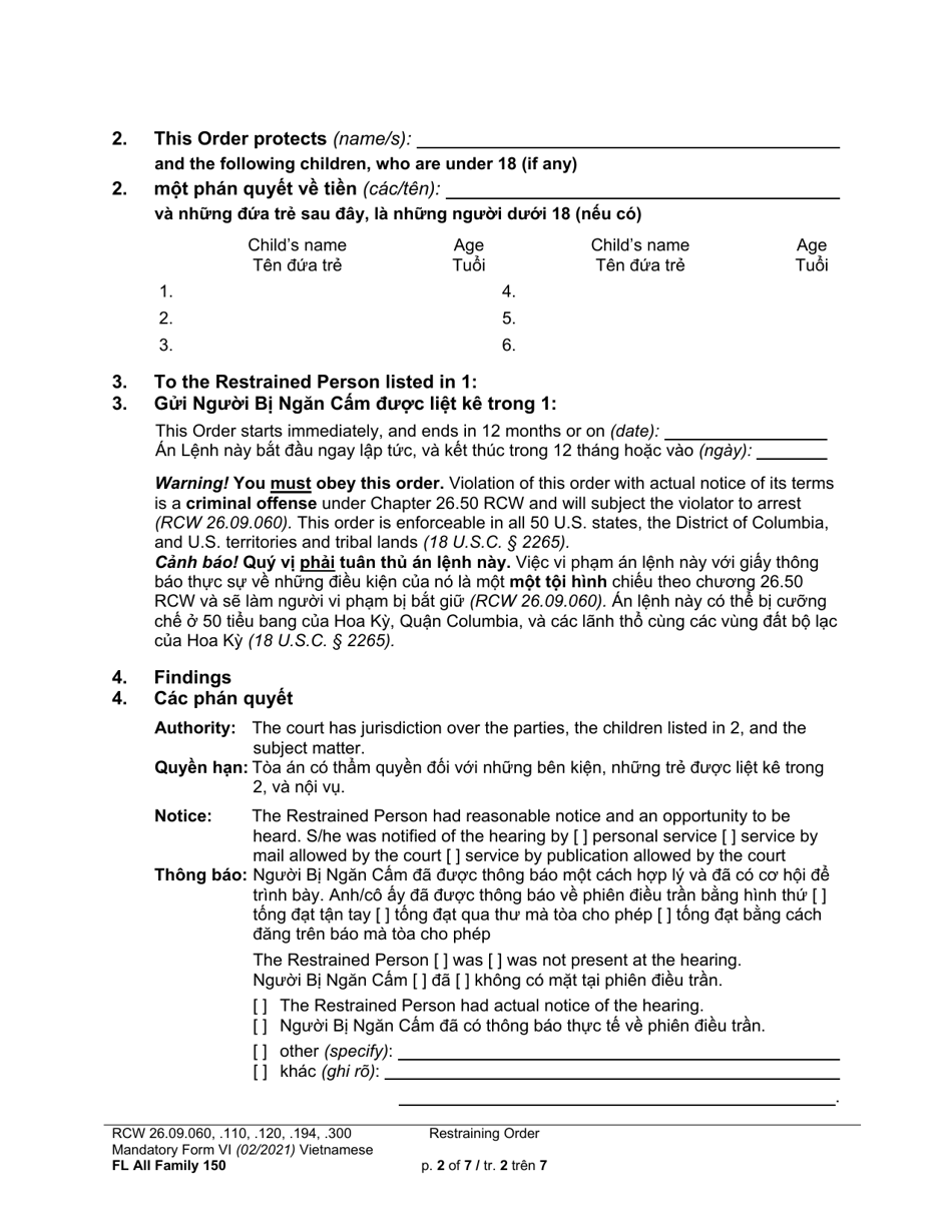 Form FL All Family150 Restraining Order - Washington (English / Vietnamese), Page 2