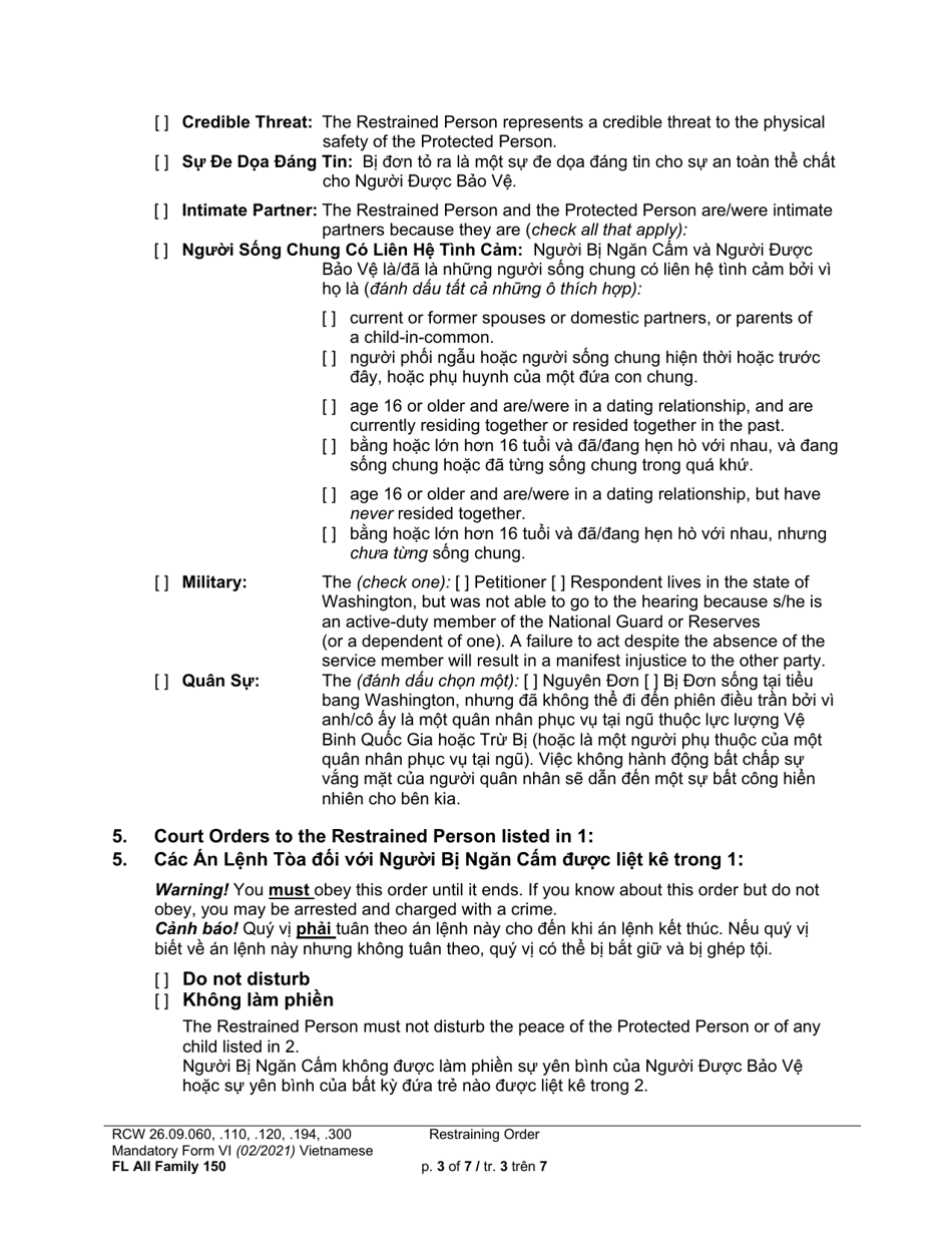 Form FL All Family150 Restraining Order - Washington (English / Vietnamese), Page 3