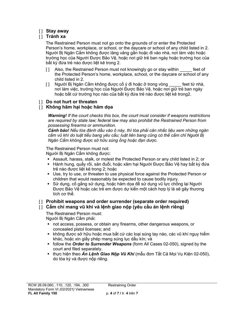 Form FL All Family150 Restraining Order - Washington (English / Vietnamese), Page 4