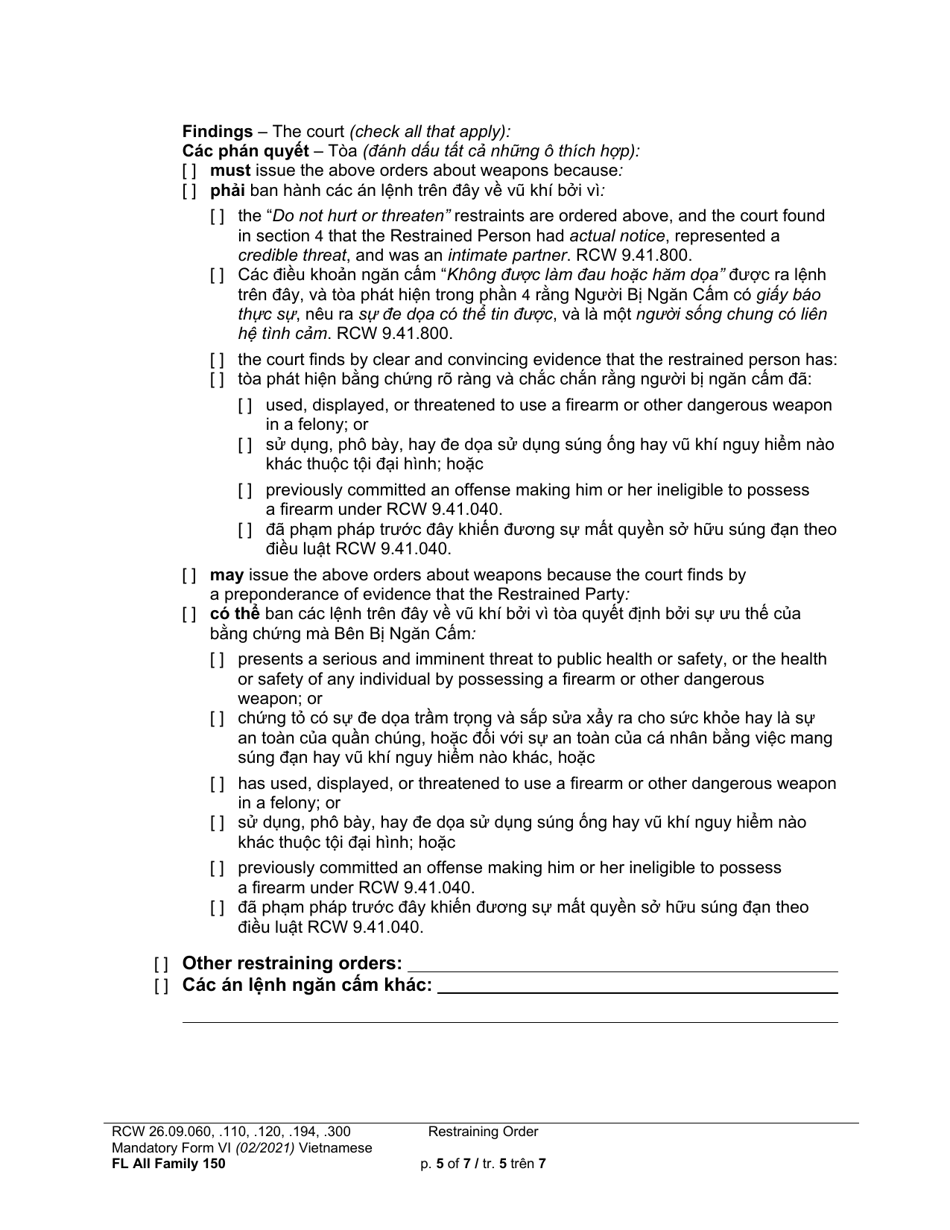 Form FL All Family150 Restraining Order - Washington (English / Vietnamese), Page 5