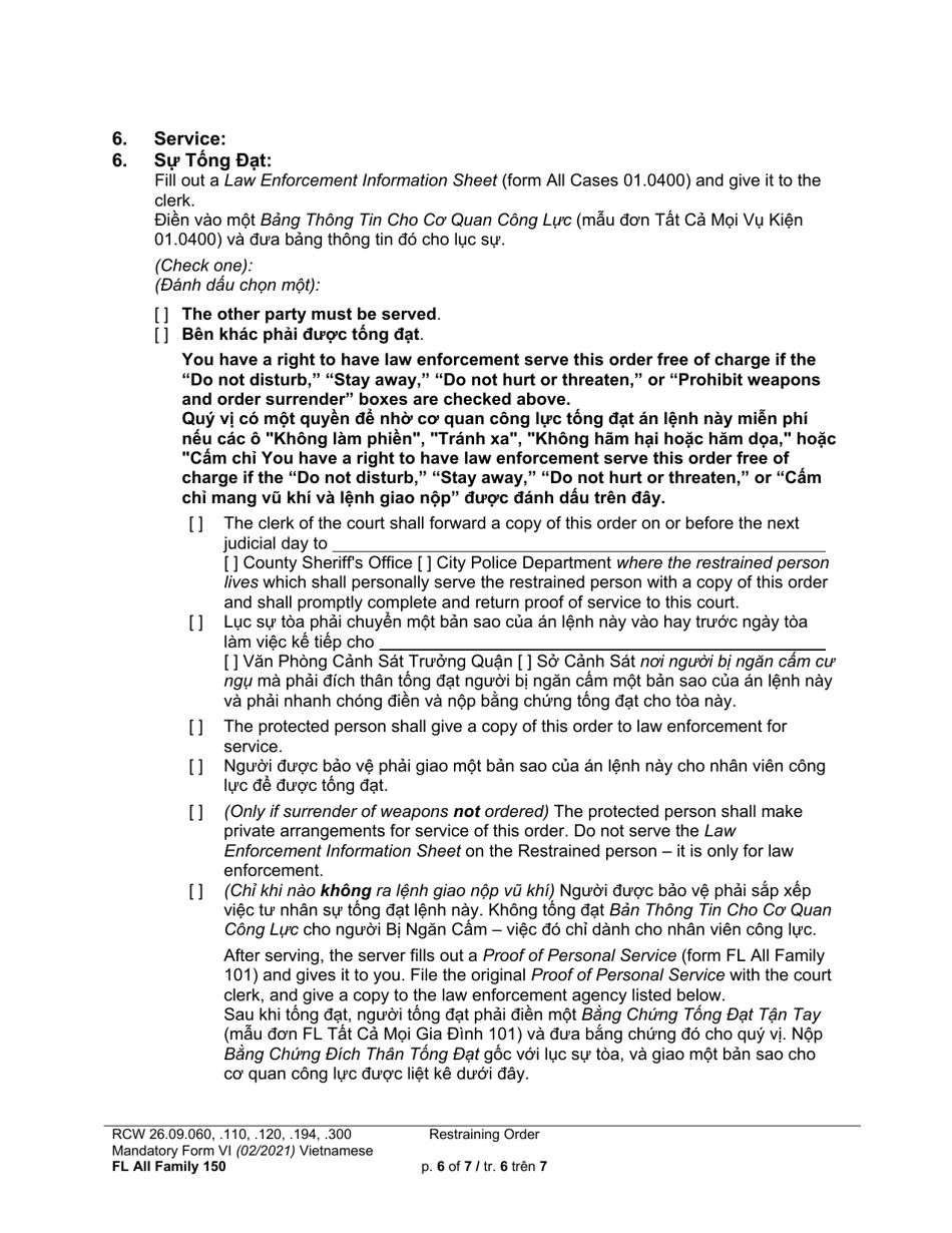 Form FL All Family150 Restraining Order - Washington (English / Vietnamese), Page 6