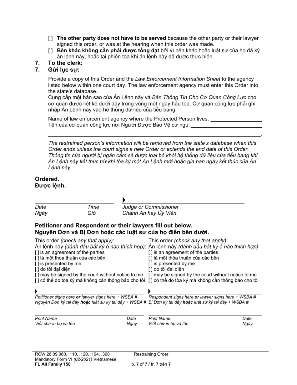 Form FL All Family150 Restraining Order - Washington (English / Vietnamese), Page 7