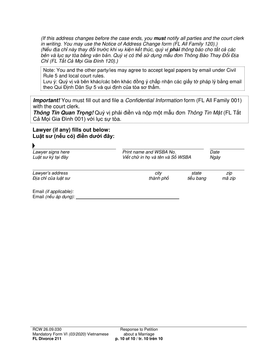 Form FL Divorce211 Response to Petition About a Marriage - Washington (English / Vietnamese), Page 10