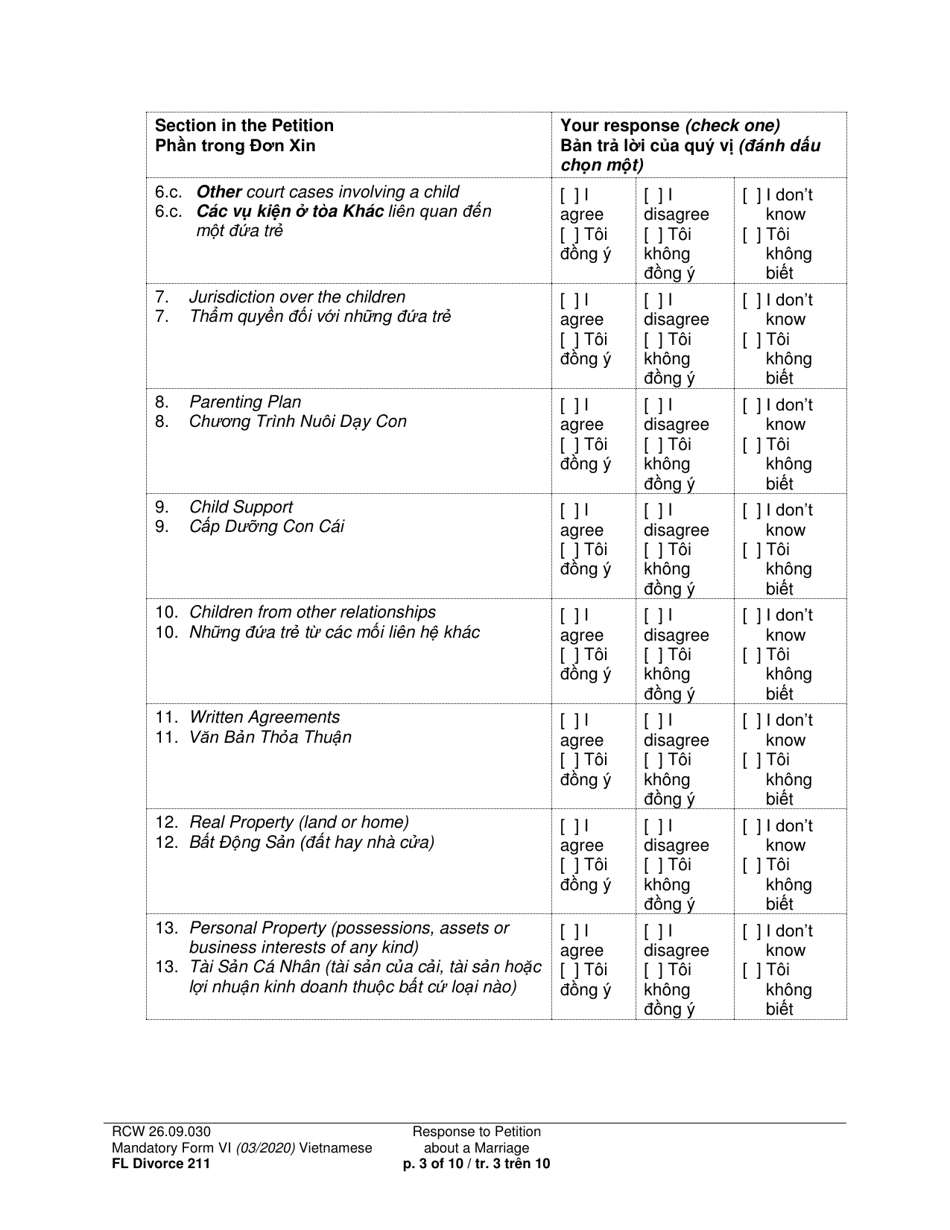 Form FL Divorce211 Response to Petition About a Marriage - Washington (English / Vietnamese), Page 3