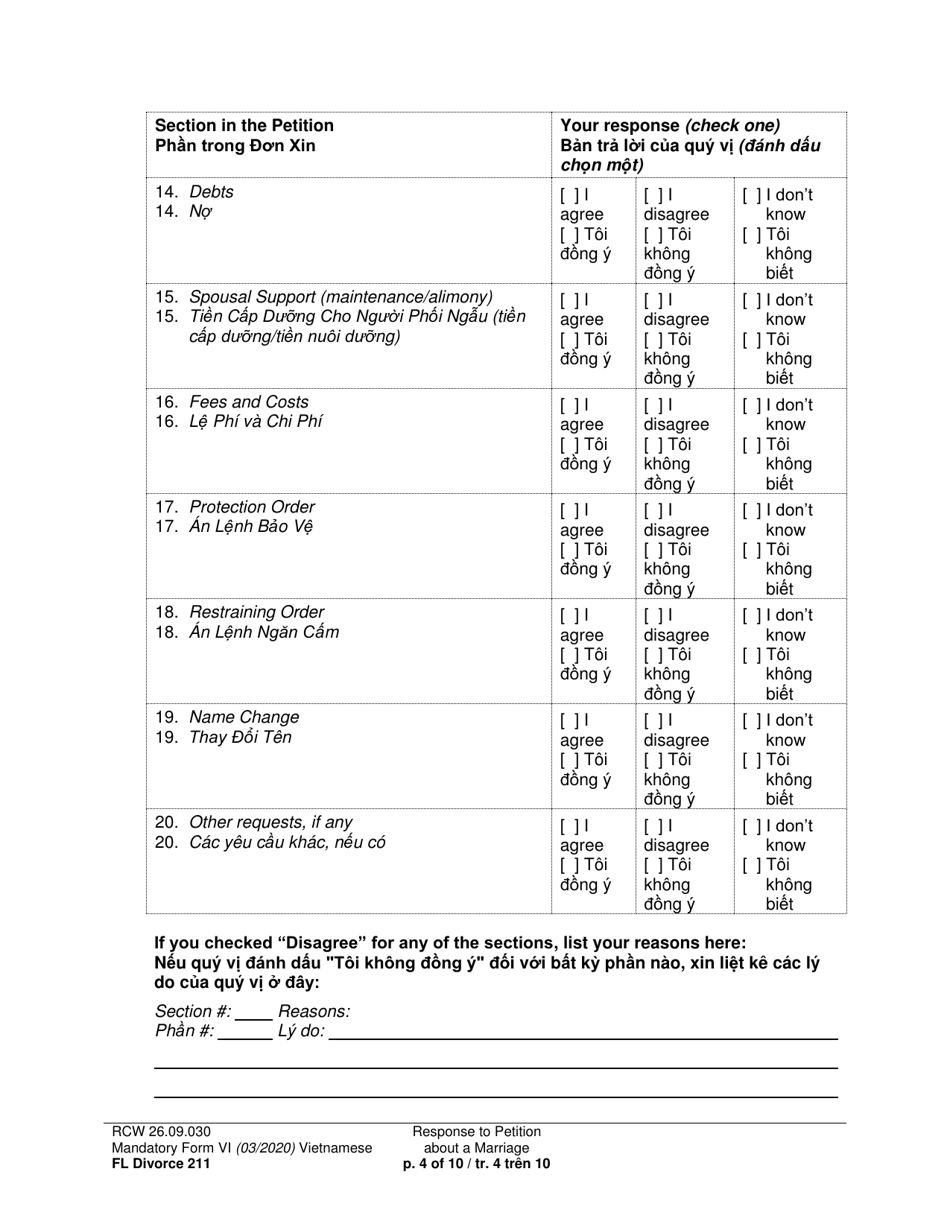 Form FL Divorce211 Response to Petition About a Marriage - Washington (English / Vietnamese), Page 4