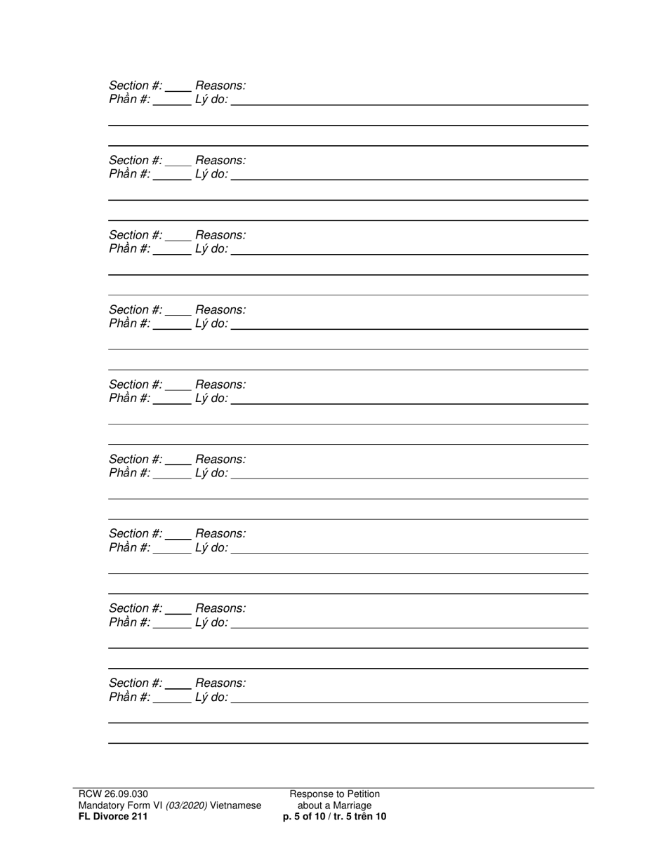 Form FL Divorce211 Response to Petition About a Marriage - Washington (English / Vietnamese), Page 5