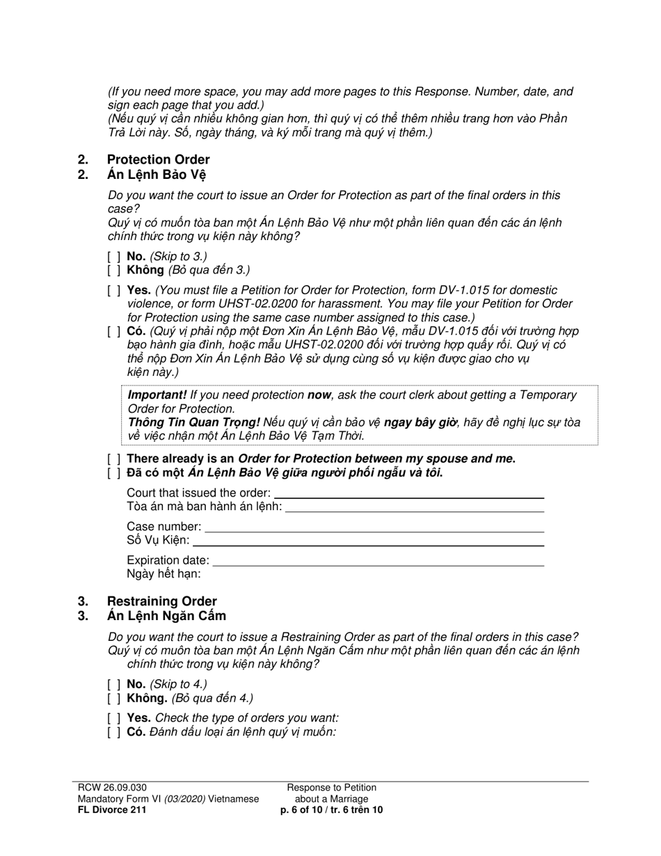 Form FL Divorce211 Response to Petition About a Marriage - Washington (English / Vietnamese), Page 6