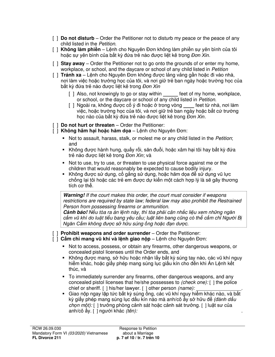 Form FL Divorce211 Response to Petition About a Marriage - Washington (English / Vietnamese), Page 7