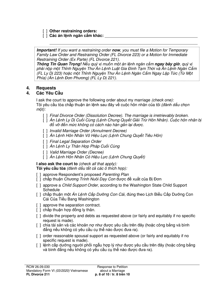 Form FL Divorce211 Response to Petition About a Marriage - Washington (English / Vietnamese), Page 8