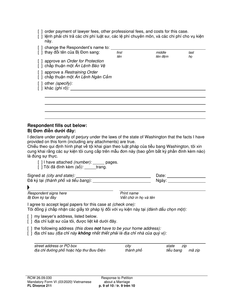 Form FL Divorce211 Response to Petition About a Marriage - Washington (English / Vietnamese), Page 9