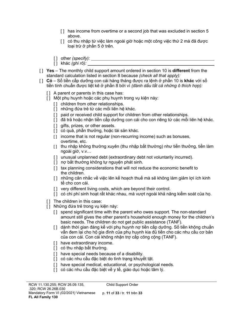 Form FL All Family130 Child Support Order - Washington (English / Vietnamese), Page 11