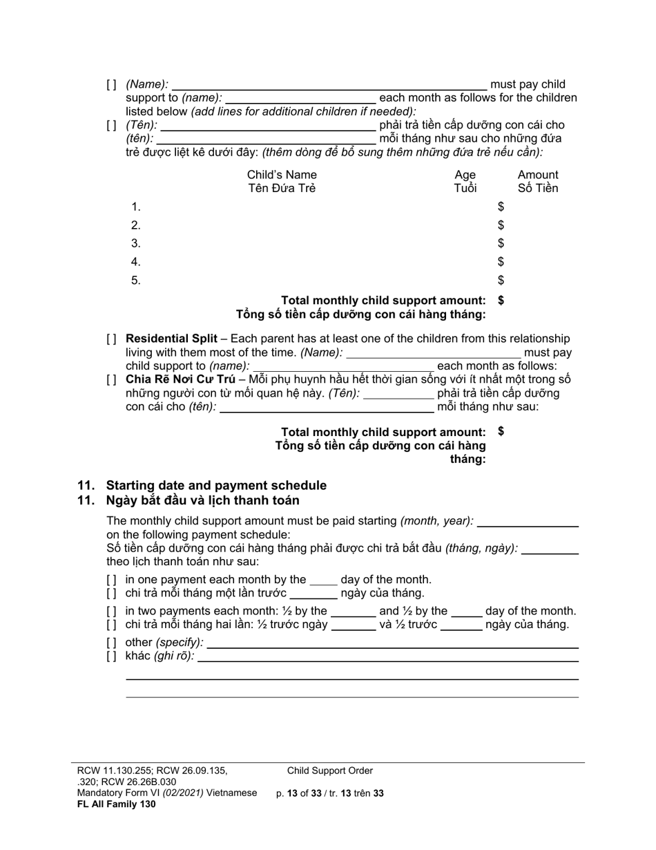 Form FL All Family130 Child Support Order - Washington (English / Vietnamese), Page 13