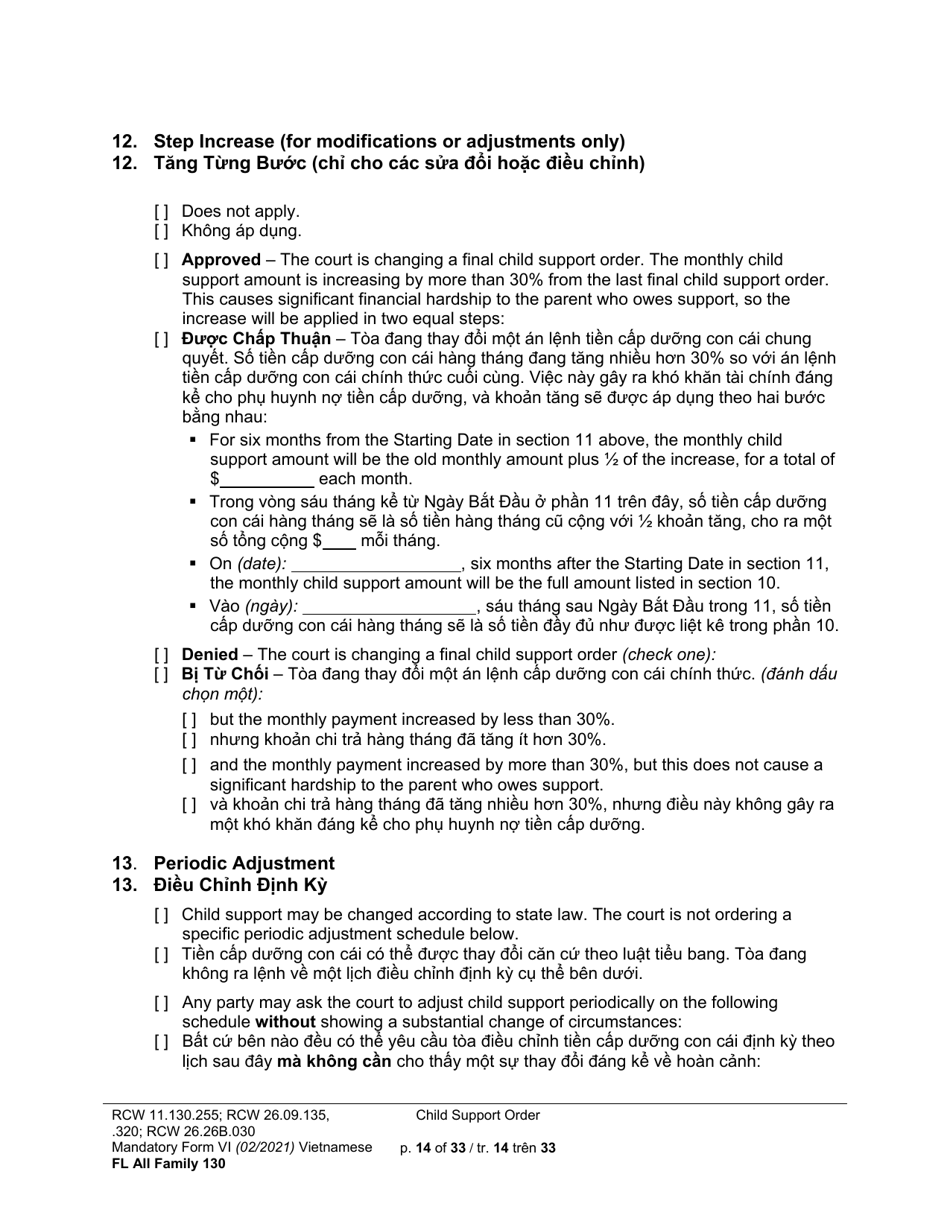 Form FL All Family130 Child Support Order - Washington (English / Vietnamese), Page 14
