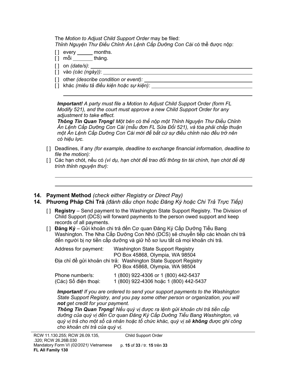 Form FL All Family130 Child Support Order - Washington (English / Vietnamese), Page 15
