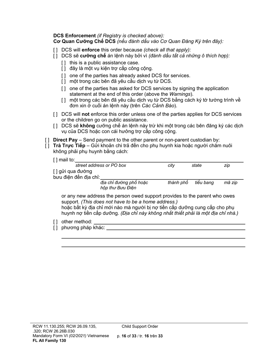 Form FL All Family130 Child Support Order - Washington (English / Vietnamese), Page 16