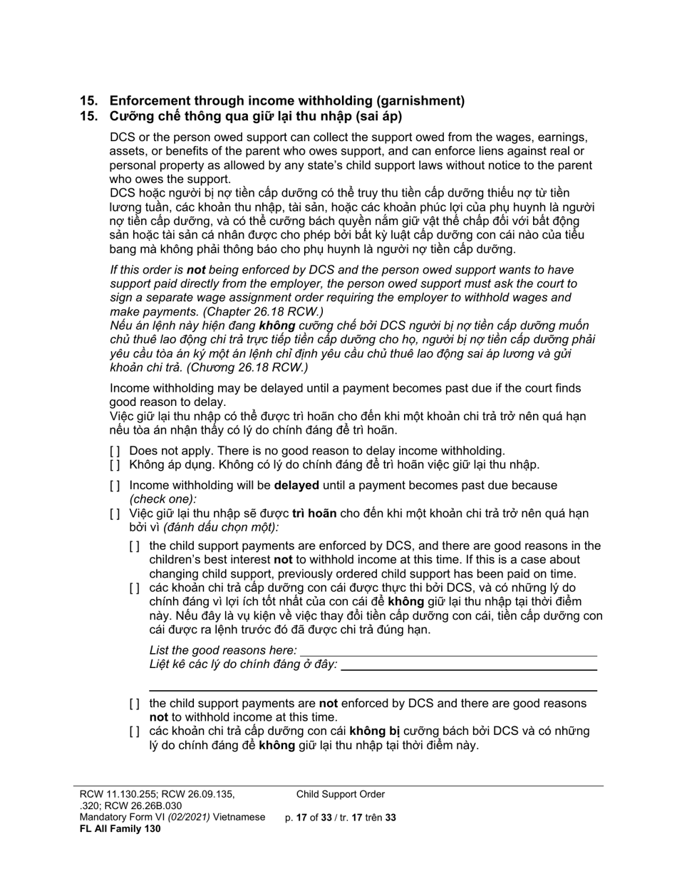 Form FL All Family130 Child Support Order - Washington (English / Vietnamese), Page 17