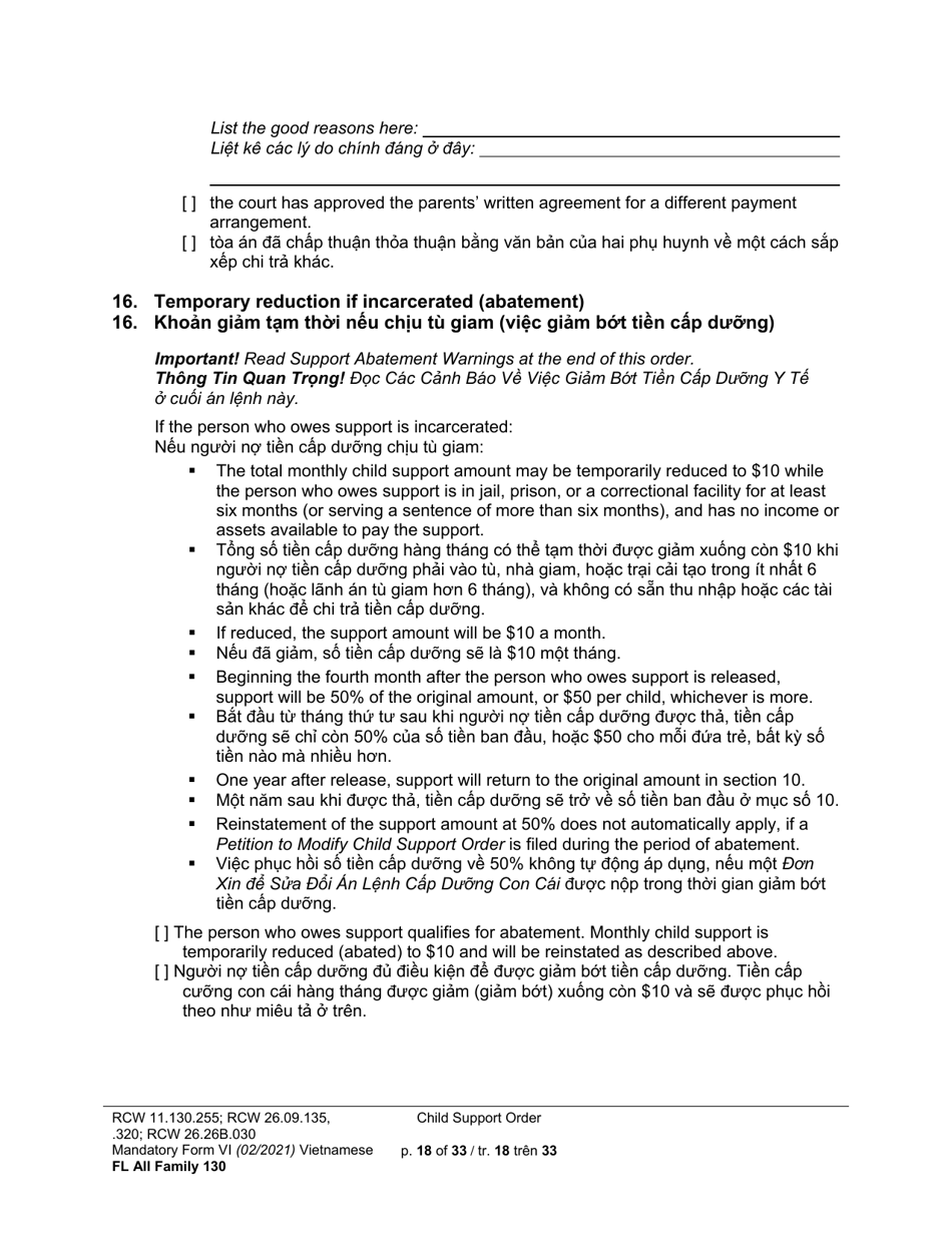Form FL All Family130 Child Support Order - Washington (English / Vietnamese), Page 18