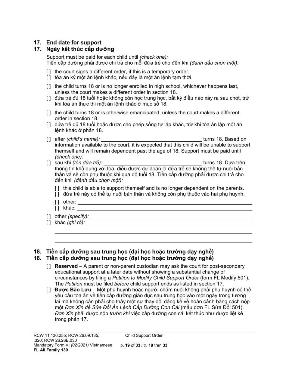 Form FL All Family130 Child Support Order - Washington (English / Vietnamese), Page 19