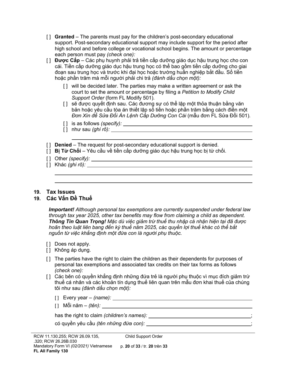 Form FL All Family130 Child Support Order - Washington (English / Vietnamese), Page 20