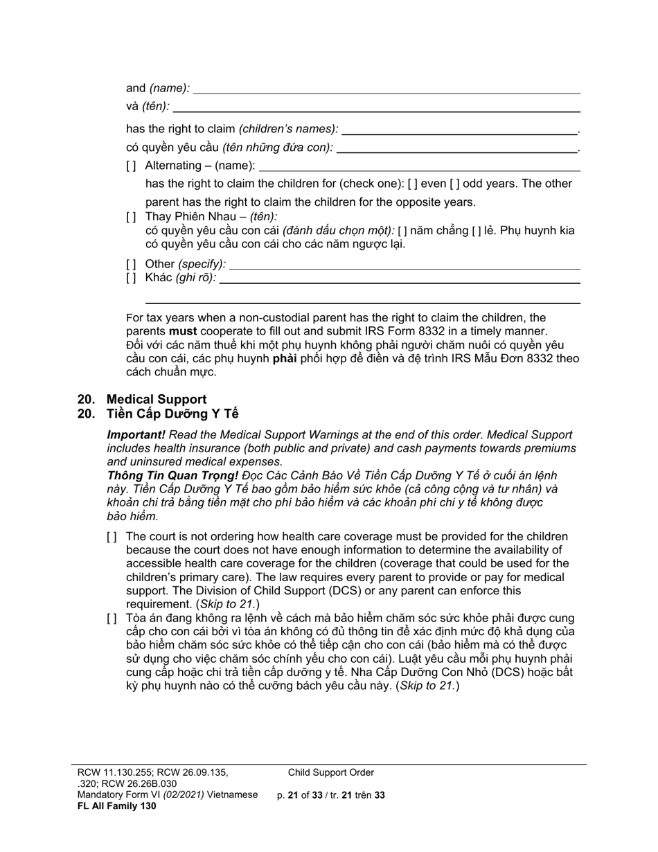 Form FL All Family130 Child Support Order - Washington (English / Vietnamese), Page 21